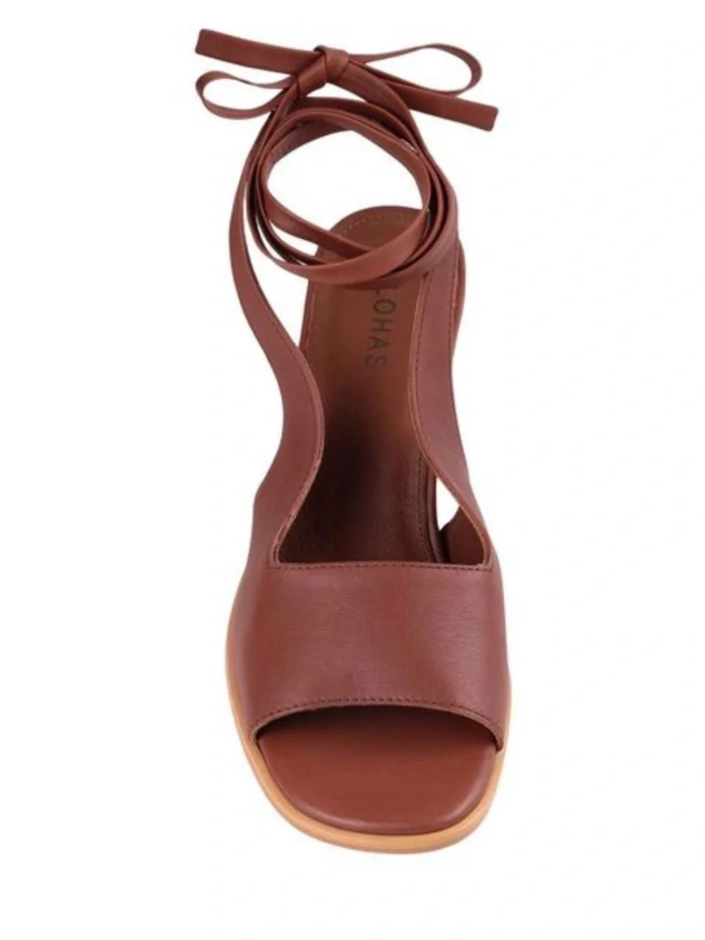 ALOHAS Women’s Brown Block Heel Leather Sandal with Ankle Tie